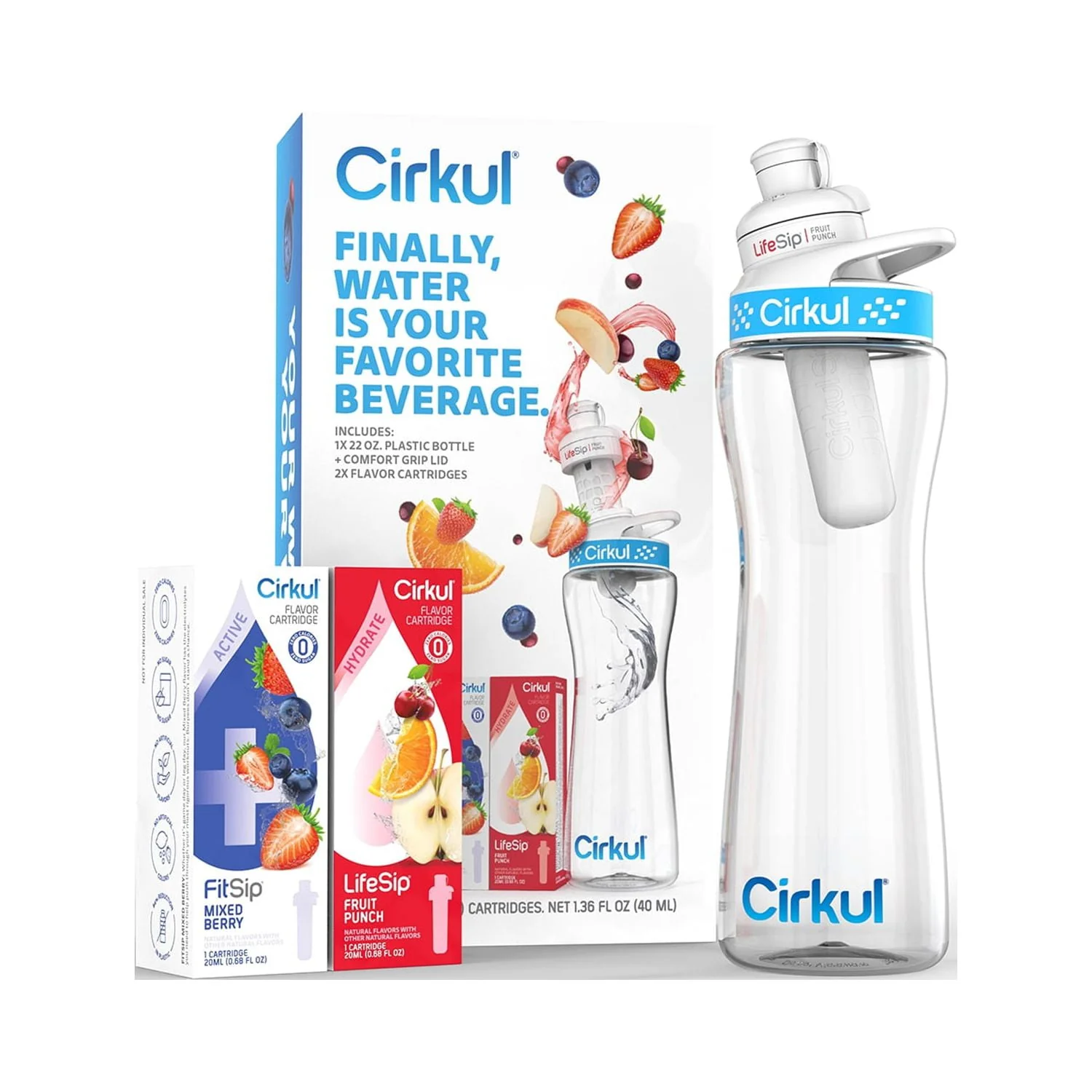 Cirkul 22oz Plastic Water Bottle Starter Kit with Blue Lid and 2 Flavor Cartridges (Fruit Punch & Mixed Berry)