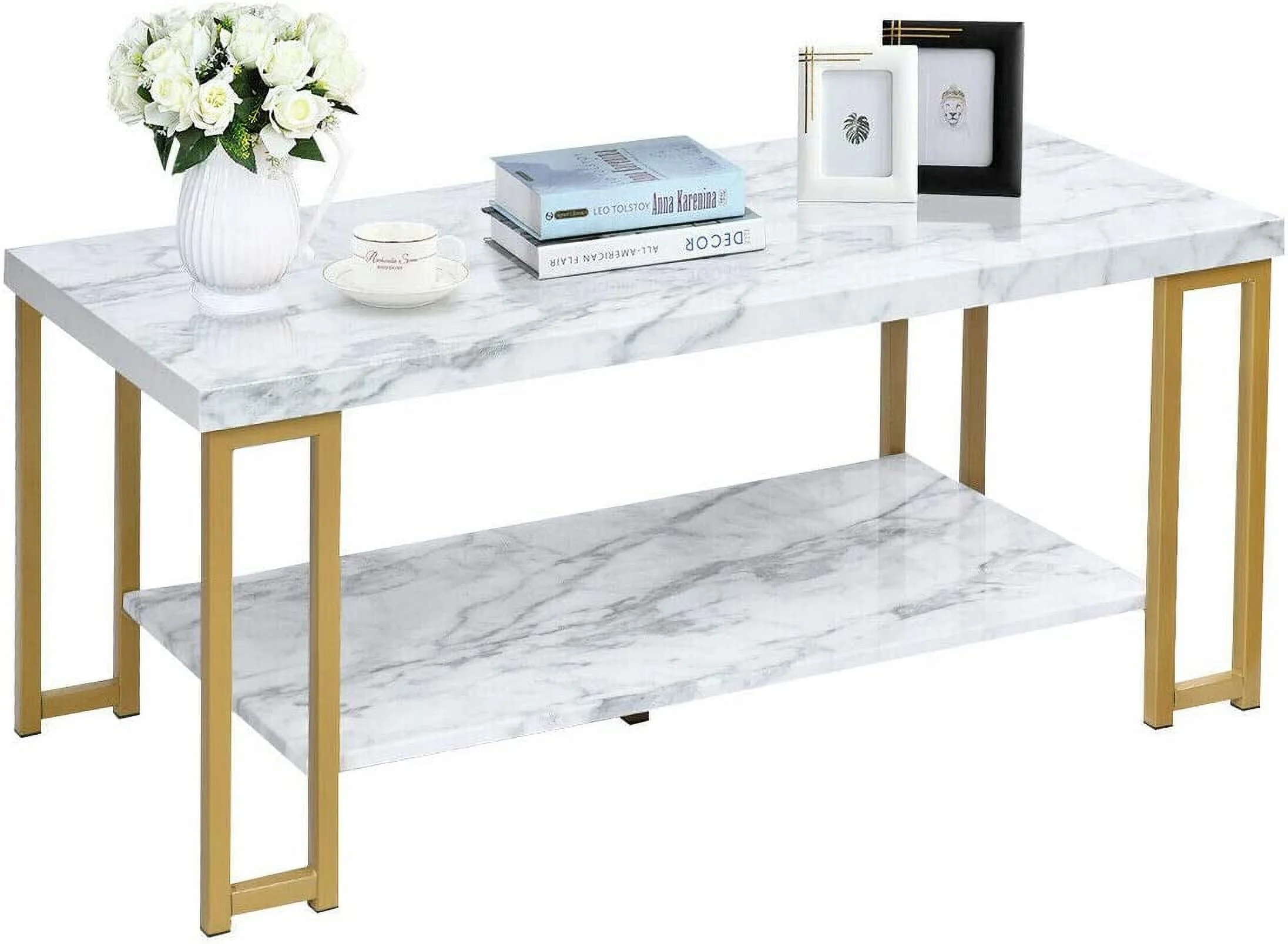 Modern Coffee Table, Faux Marble Top Accent Cocktail Table w/Gold 2-Tier Side Table with Open Storage Shelf