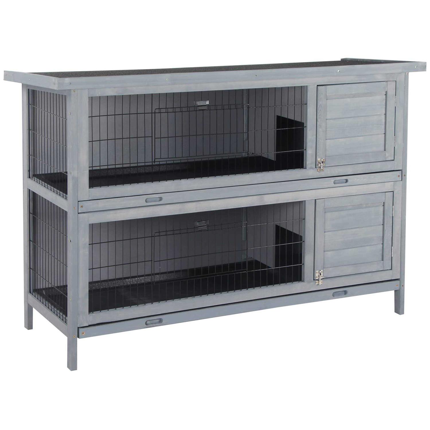 PawHut 54 2-Story Large Rabbit Hutch Bunny Cage Wooden Pet House Small Animal Habitat with Lockable Doors, No Leak Tray and Waterproof Roof