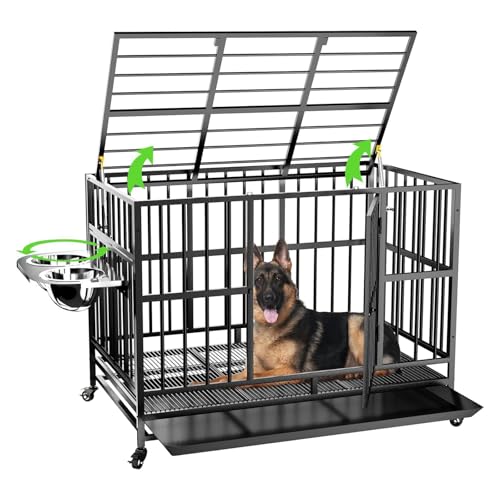 LOVMOR 48" Heavy-Duty Dog Crate with Wheels, Air-Lift Top, Dual 360° Adjustable Bowls – Ideal for Large Dogs
