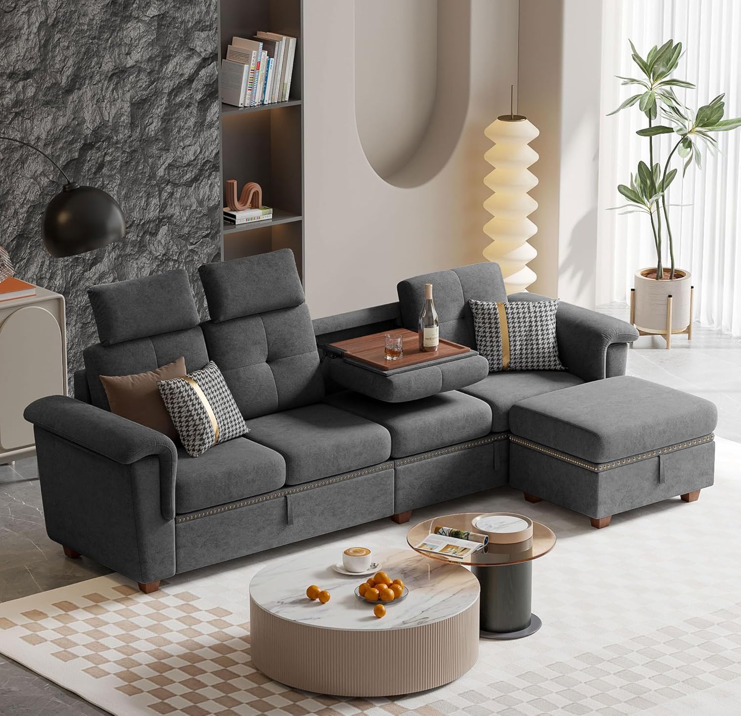 Convertible Sectional Sofa, 4 Seat L Shaped Couch with Reversible Storage Chaise and Cupholder, Wooden Legs, Upholstered Fabric for Living Room