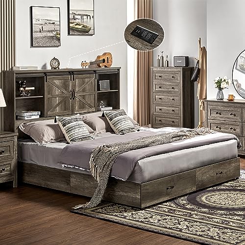 VanAcc Full Size Bed Frame, Wooden Platform Storage Bed with 51.2" Bookcase Headboard, 2 Drawers