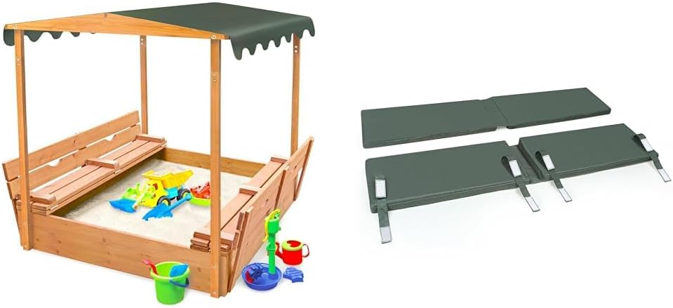 Badger Basket Sandbox with Seat Pad Bundle, Covered Convertible Cedar Wooden Sandbox with Canopy