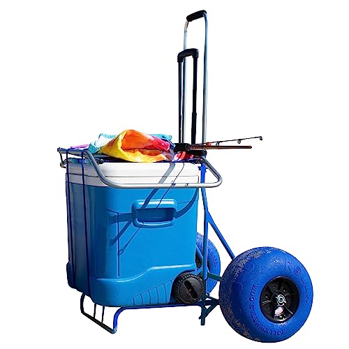 Folding Beach Cart with Balloon Wheels, Rolling Cooler Dolly with Big 13 Inch Large Sand and Beach Tires (White)
