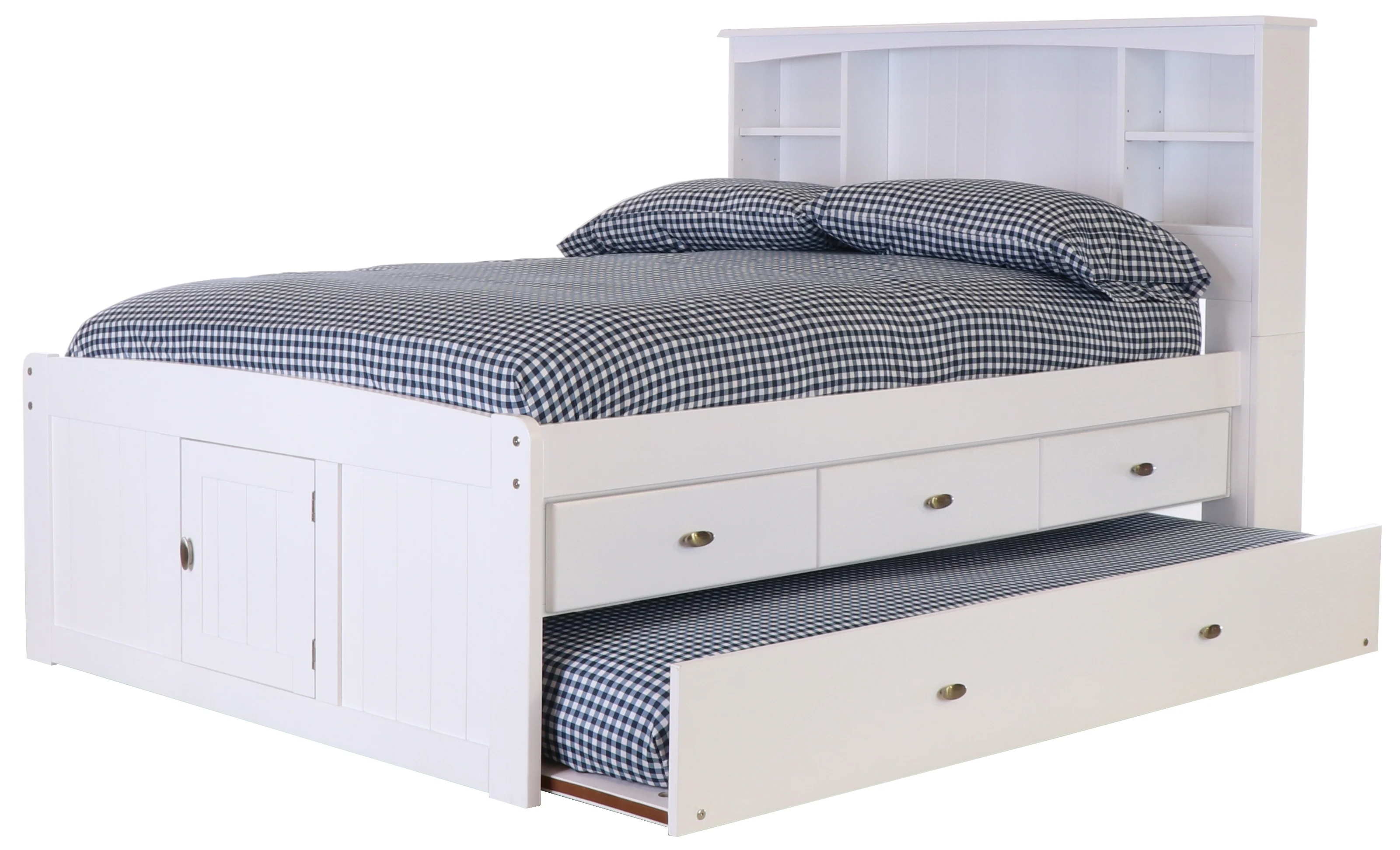 OS Home and Office Furniture Model 80221K3-22 Solid Pine Full Sized Captains Bookcase Bed with 3 spacious under bed drawers and a Twin Trundle in