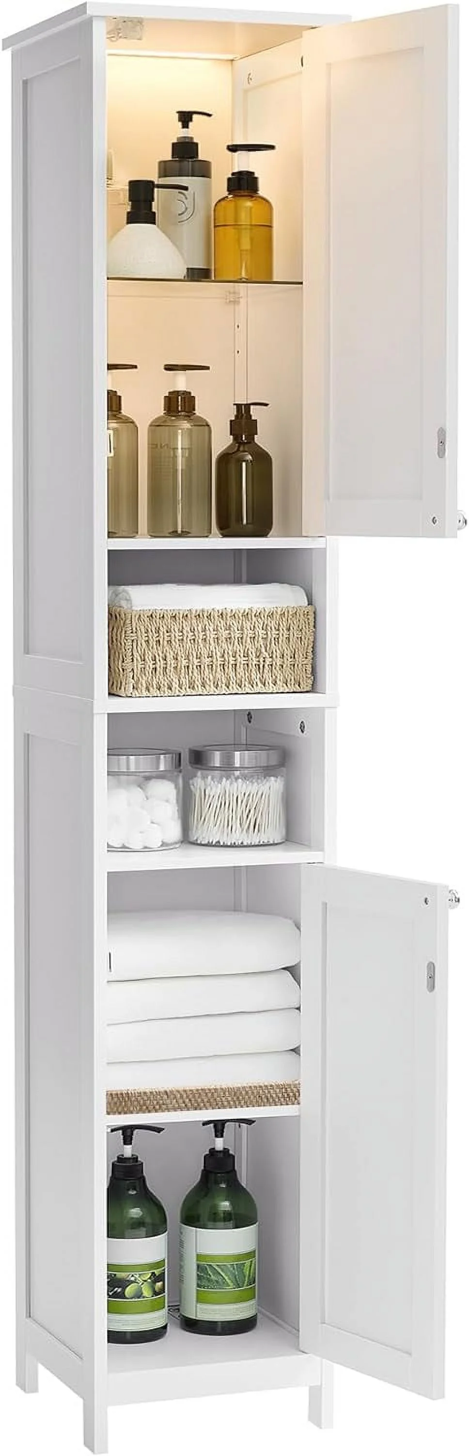 QCAI Tall Bathroom Cabinet with Lights, Slim Bathroom Storage Cabinet, Freestanding Narrow Cabinet with Adjustable Shelves, Open compartments
