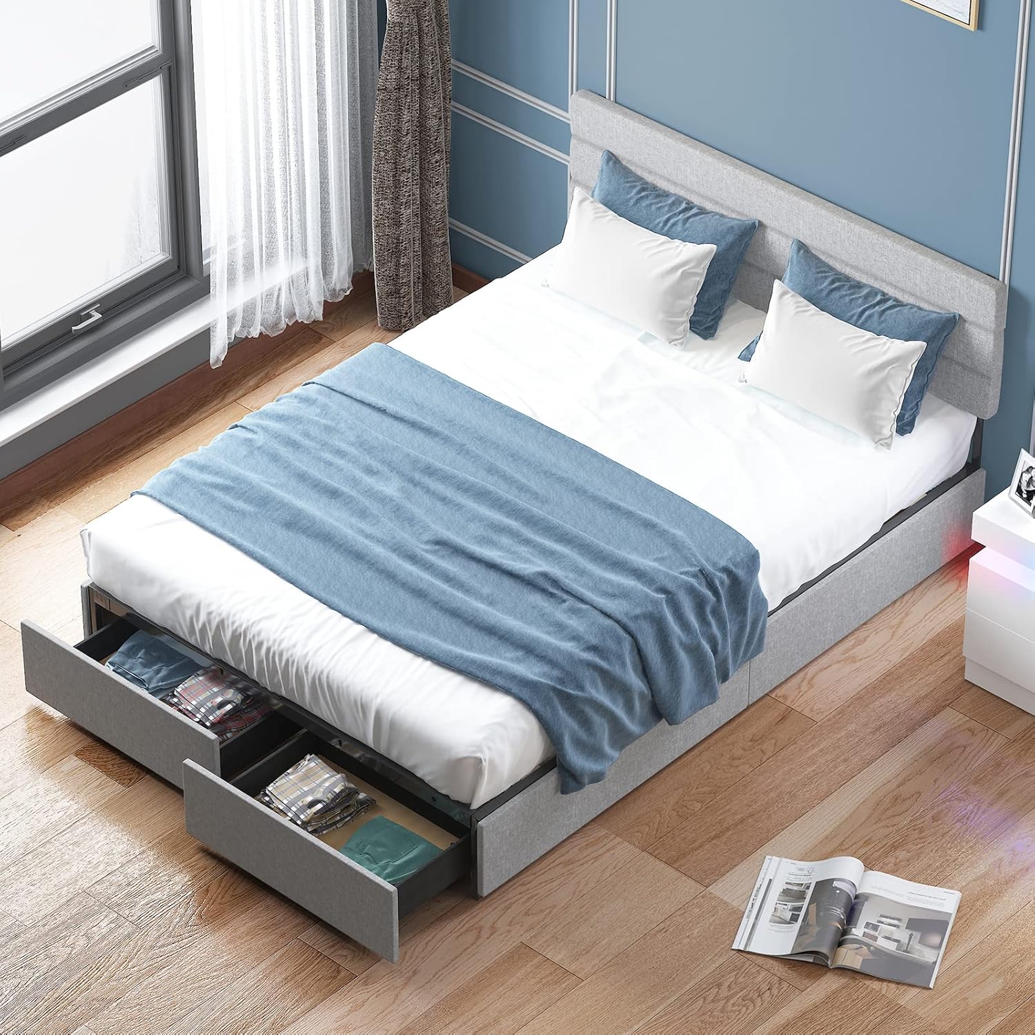 King Bed Frame with 2 Storage Drawers,Platform King Size Bed Frame with Linen Adjustable Headboard,Wooden Slats Mattress Foundation