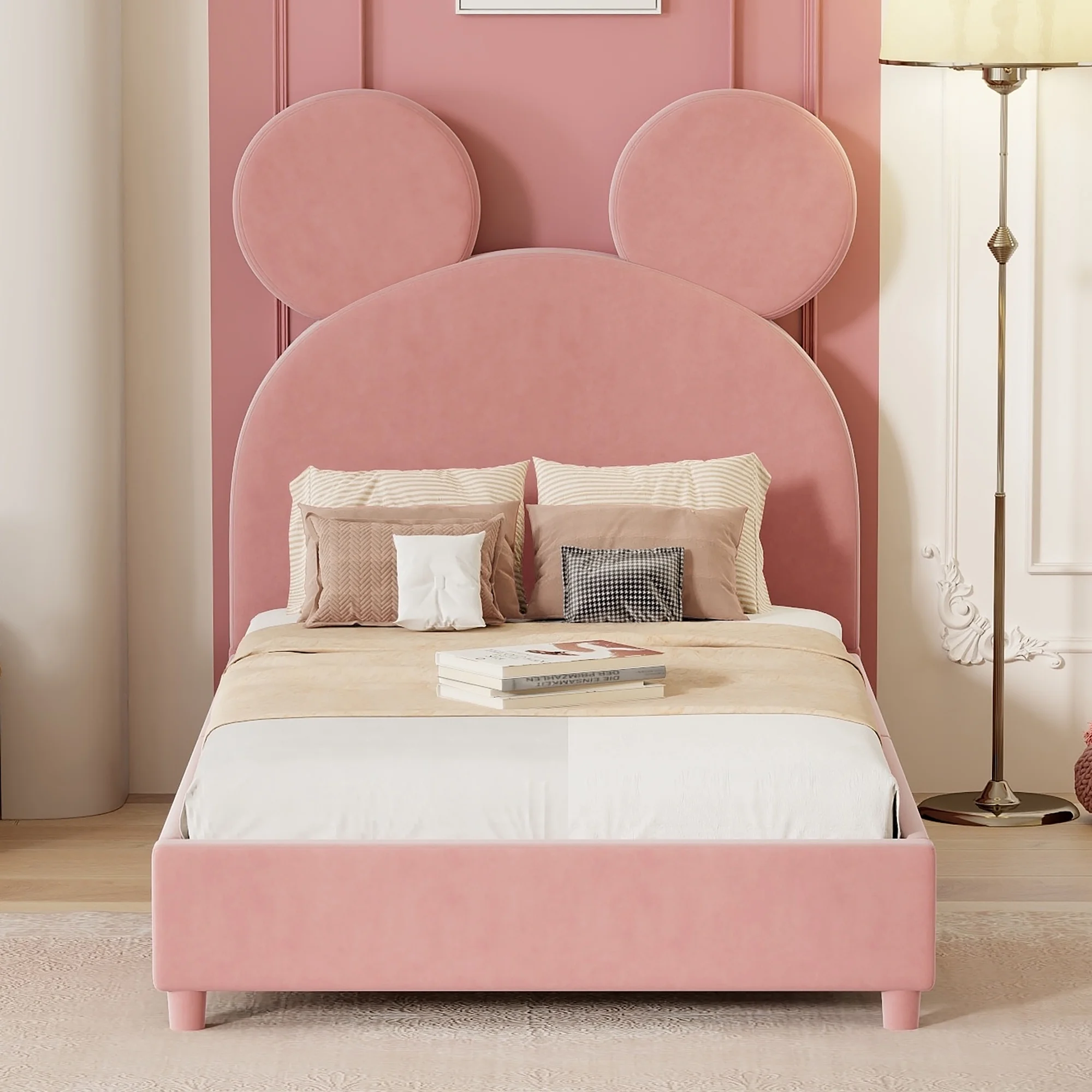 uhomepro Upholstered Twin Size Bed Frame, Platform Bed Frame with Upholstered Bear Ear Shaped Headboard, Wood Slat Support, No Box Spring Needed, Pink