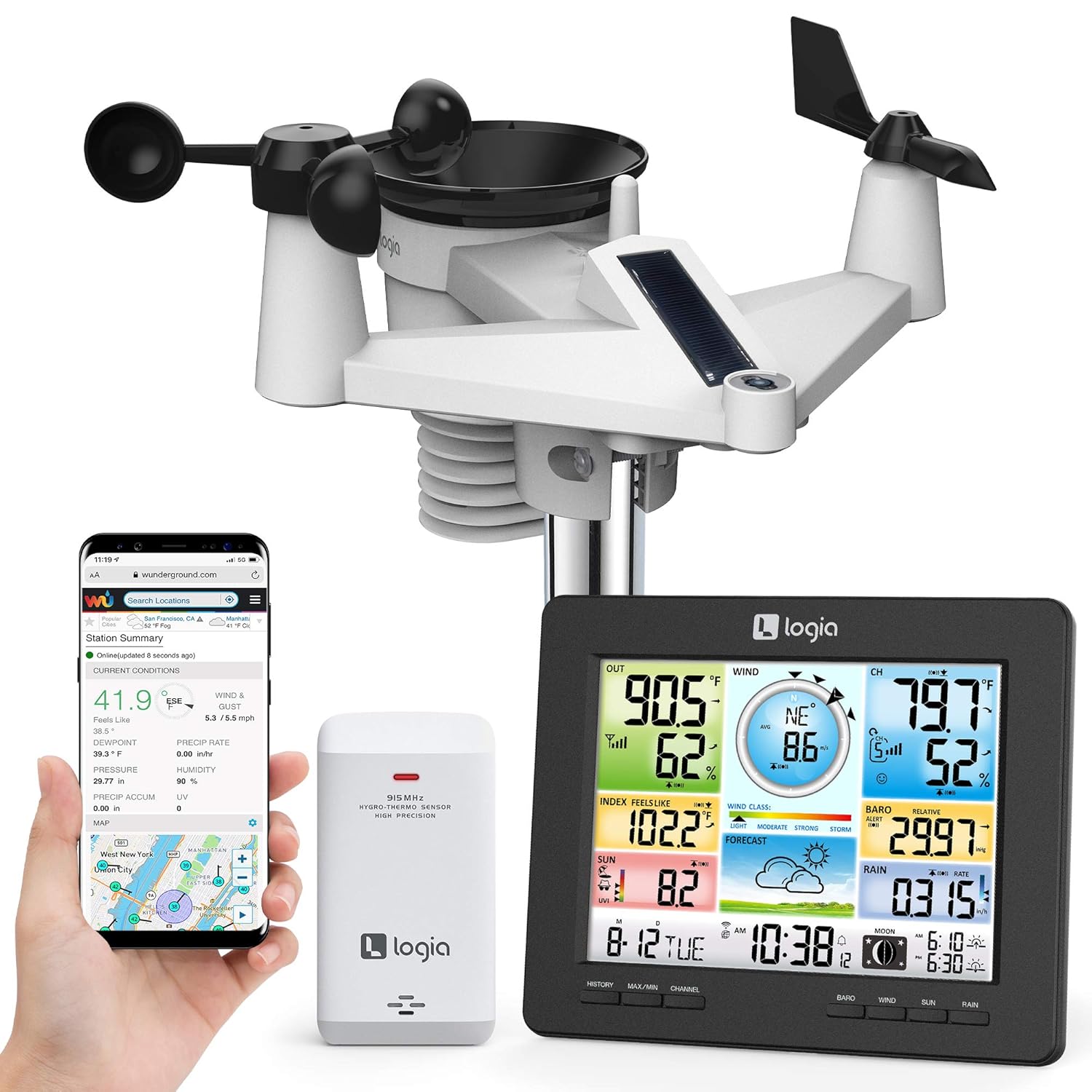 Logia 7-in-1 Wi-Fi Weather Station with Solar | Indoor/Outdoor Remote Monitoring System, Temperature Humidity Wind Speed/Direction Rain UV & More