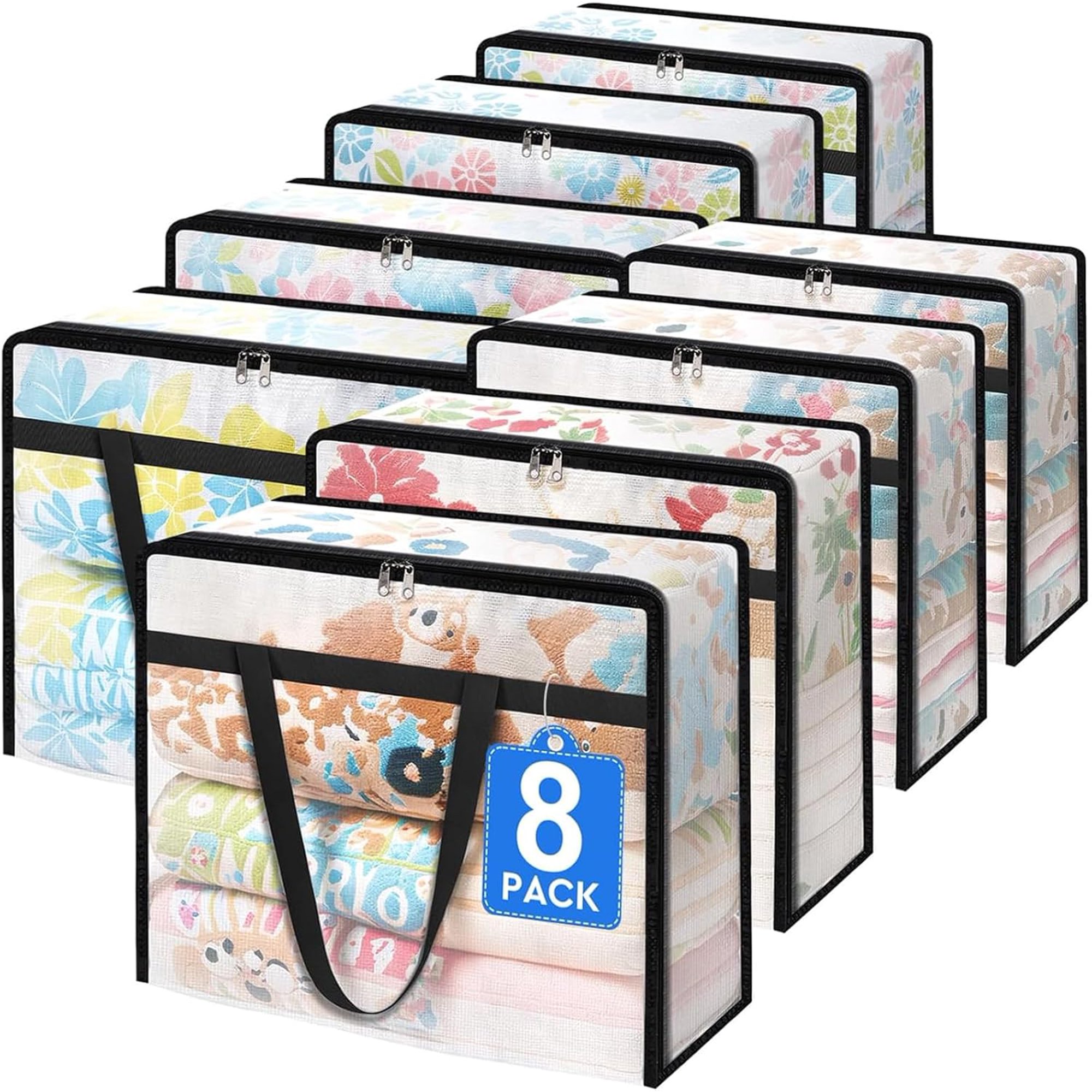 8 Pack Clear Clothes Storage Bags, Moving Bags, Foldable Blanket Storage Under Bed Storage Containers with Sturdy Zipper and Handle for Clothing