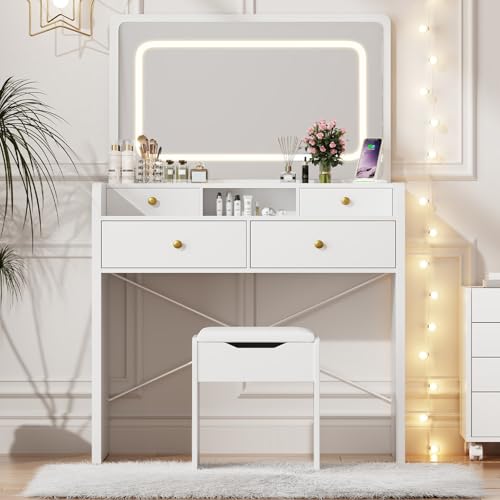 Vanity Desk with Mirror and Lights, Makeup Vanity Table with Drawers, Storage Stool