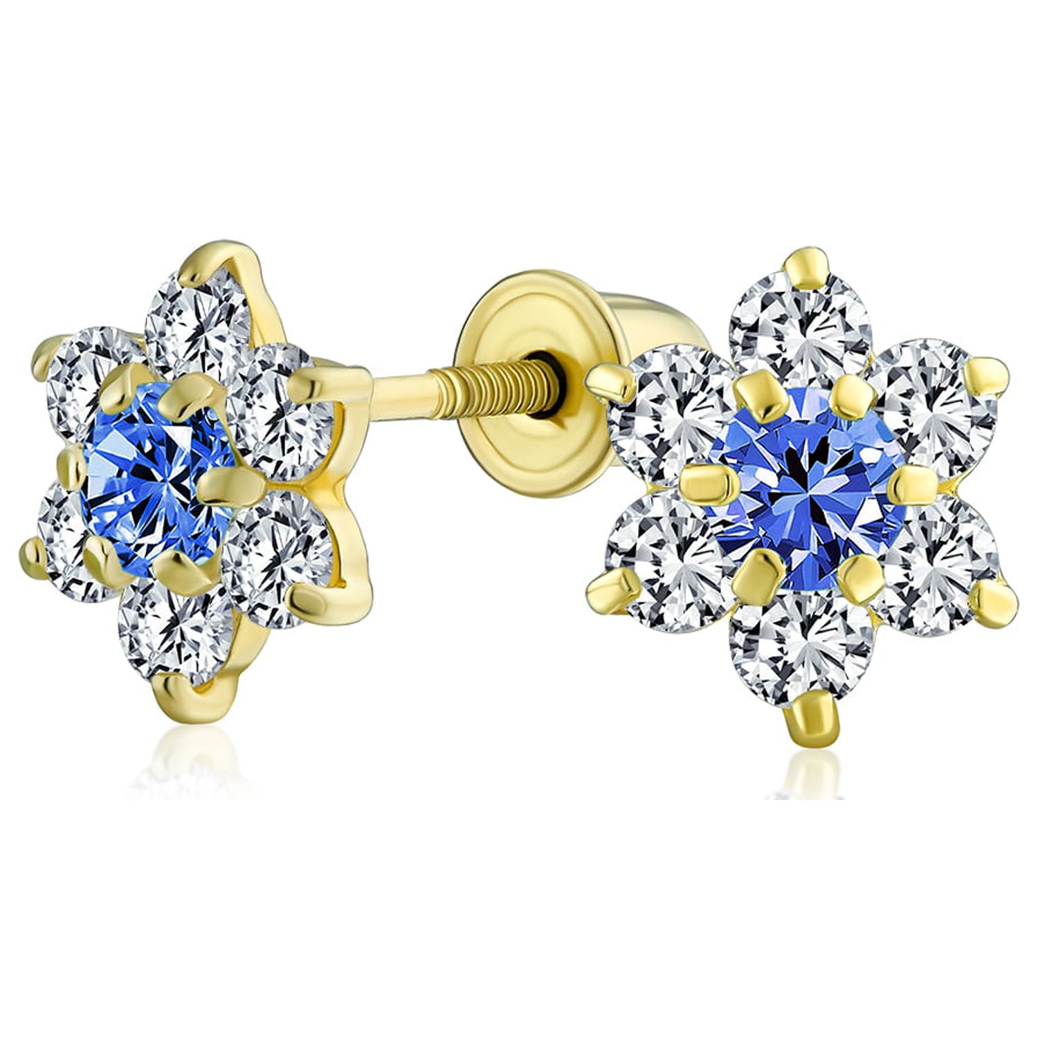 Bling Jewelry Blue CZ Flower Stud Earrings Imitation Sapphire 14K Gold Screwback