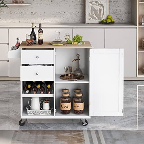 Kitchen Island Cart on Wheels with Storage, Rolling Cart Cabinet with 2 Drawers 2 Open Shelves 1 Adjustable Tray