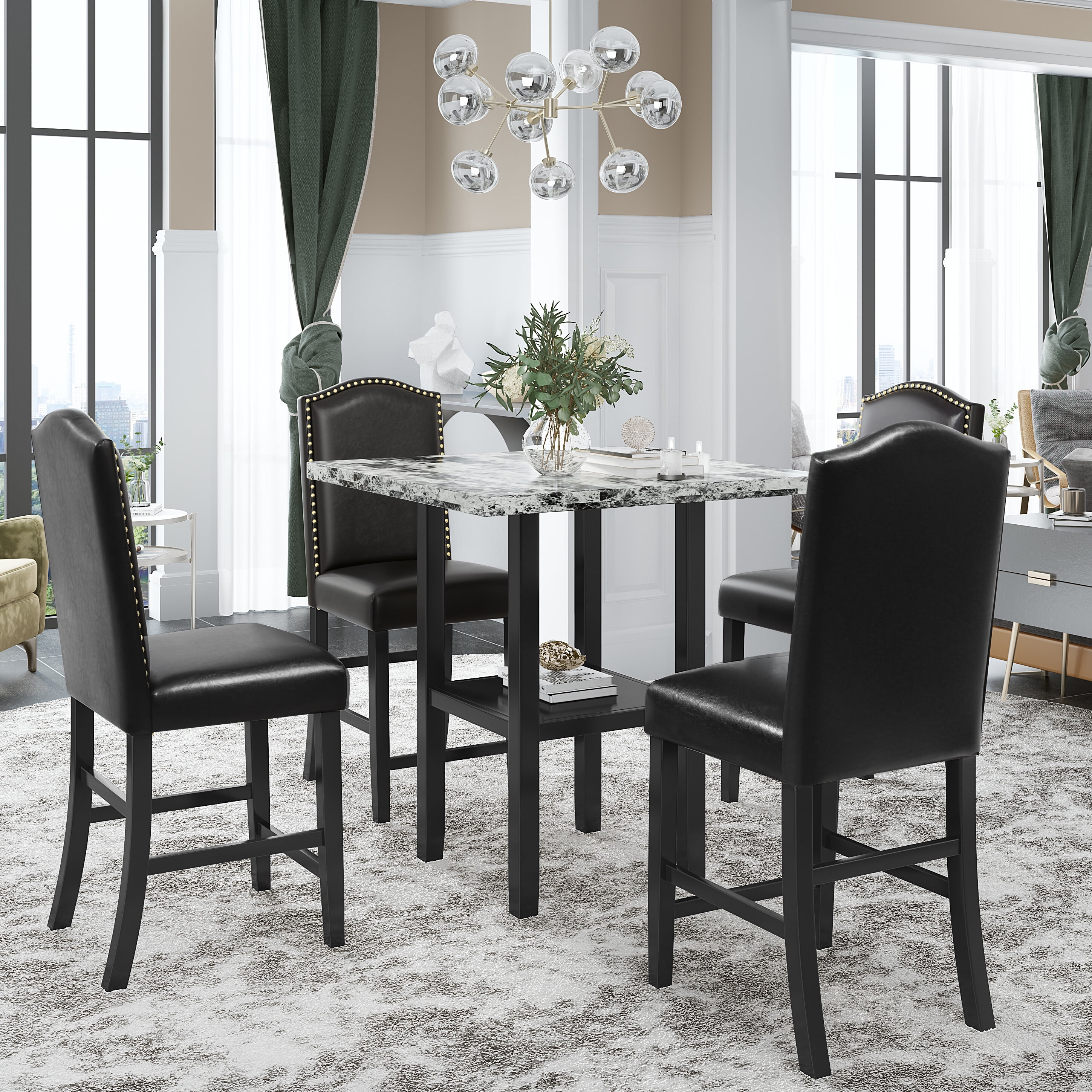 Infirleo 5 Piece Dining Sets, Kitchen Table Set with 4 Chairs, Solid Rubberwood Square Table and Upholstered Chair Set for Kitchen Dining Room