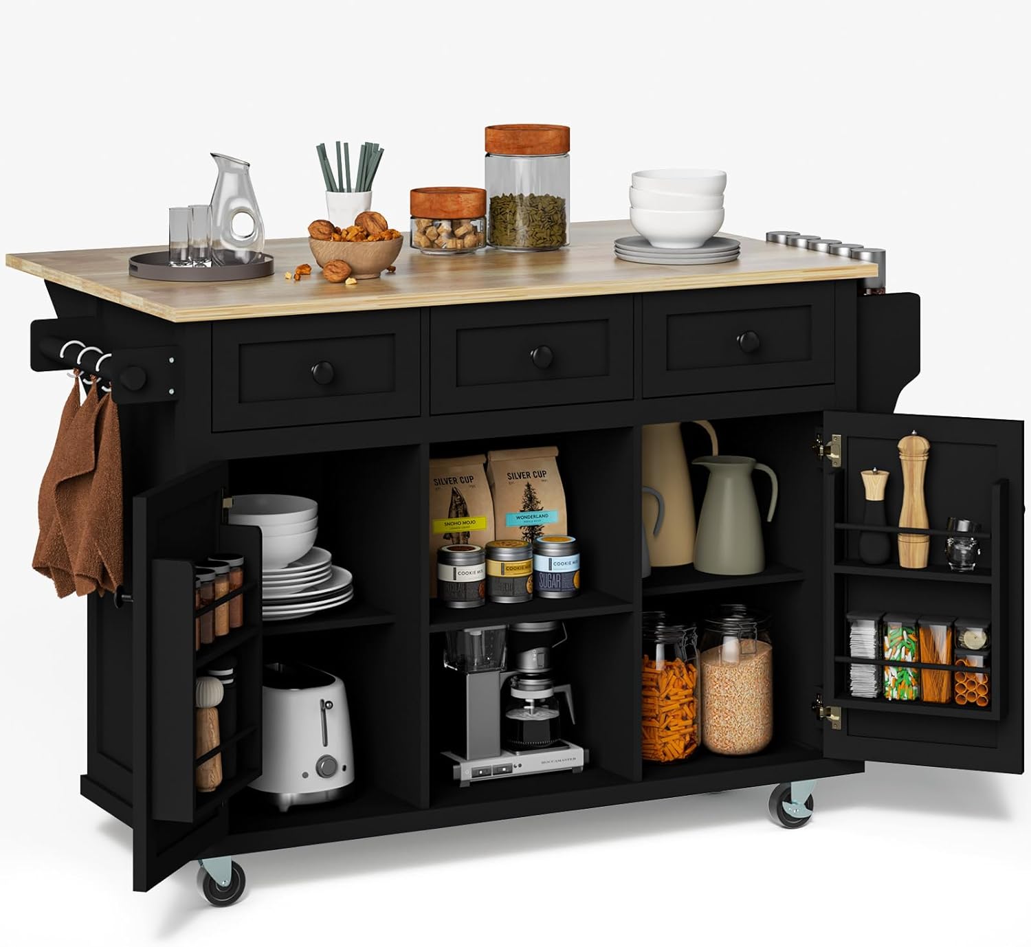 Rolling Kitchen Island with Drop Leaf Rolling Mobile Kitchen Island with Storage 53in Wood Portable Island for Kitchen