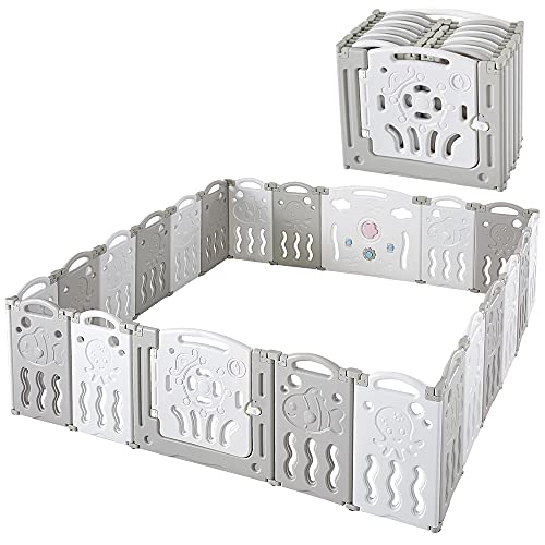 Albott Baby Playpen, Upgraded 18 Panels Foldable Baby Fence with Game Panel and Safety Gate, Adjustable Shape