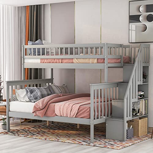 Harper & Bright Designs Stairway Twin Over Twin/Full Bunk Bed with Twin Size Trundle and Drawers