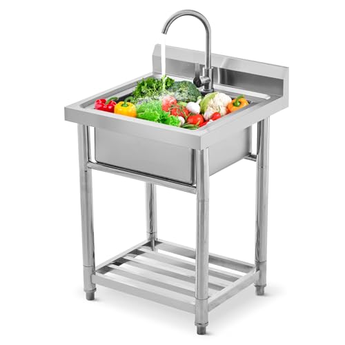 Utility Sink Stainless Steel Free Standing Single Bowl Laundry Outdoor Commercial Kitchen Sink with Cold Hot Pipe for Bar, Garage, Restaurant