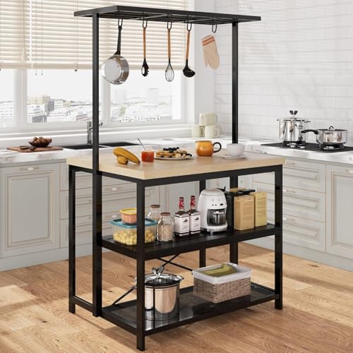 Kitchen Island with Storage, Bakers Rack with Power Outlet, Island Table for Kitchen,3 Tier Microwave Stand Oven Shelf,Large Coffee Bar Table