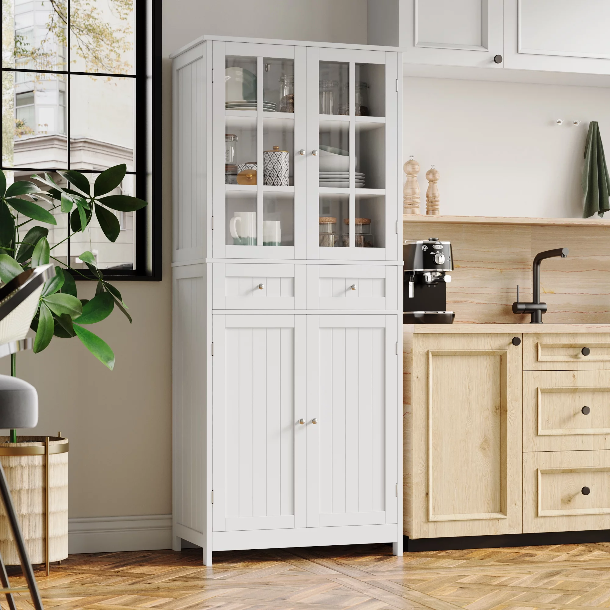 Homfa kitchen Pantry Cabinet with Glass Doors, 71'' Tall Storage Cabinet for Dining Room Living Room, White - Curated Treasures Market