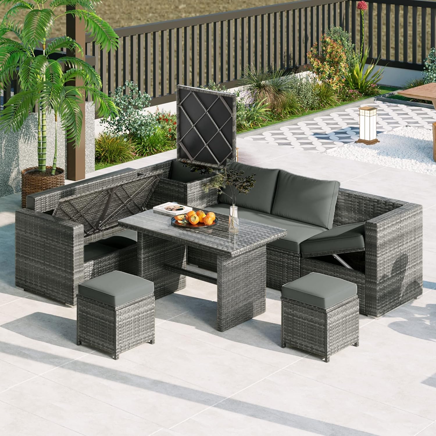 Outdoor 6-Piece All Weather PE Rattan Sofa Set, Garden Patio Wicker Sectional Furniture Set with Adjustable Seat, Storage Box