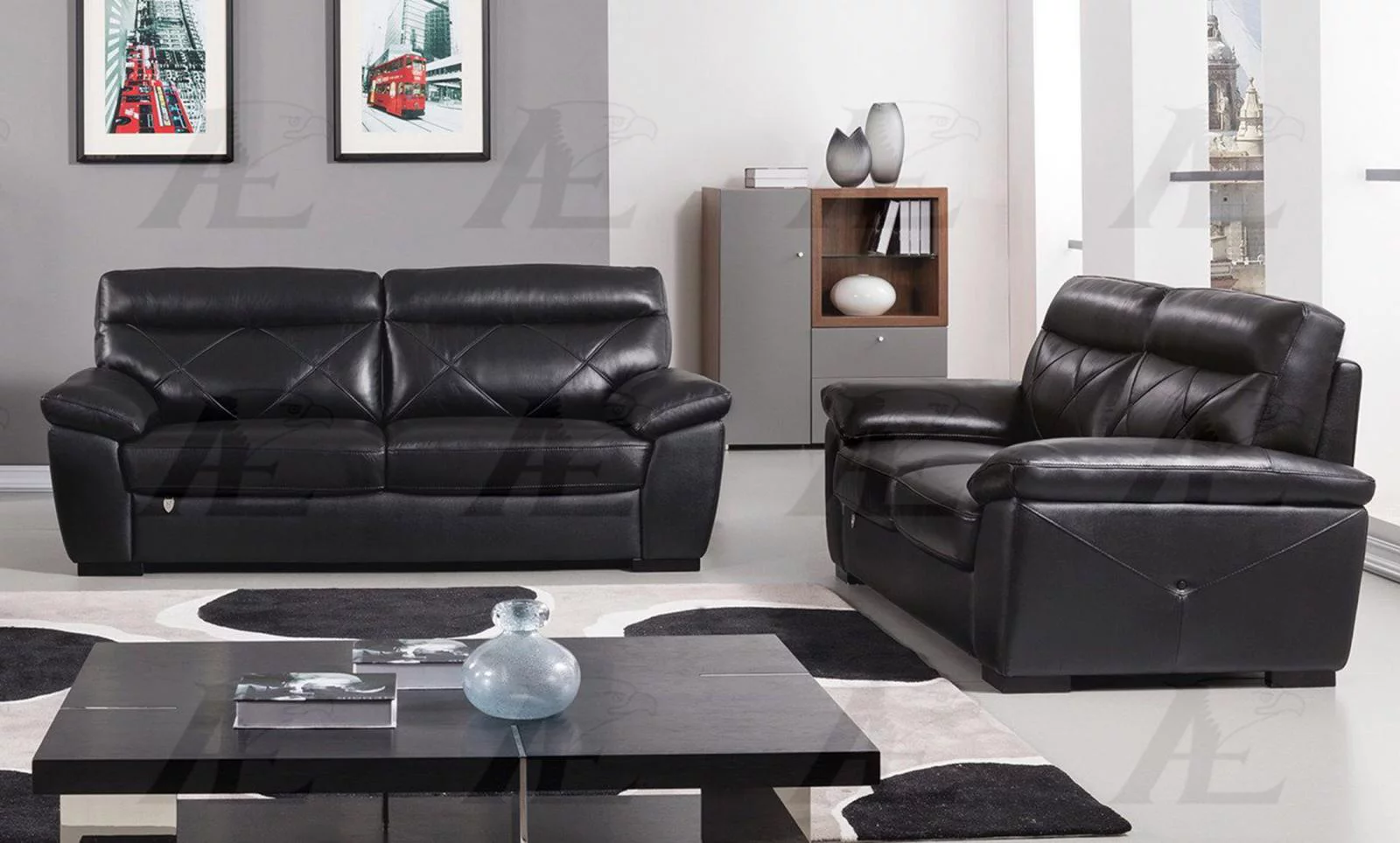 Black Sofa and Loveseat Set Italian Leather 2Ps American Eagle EK081-BK