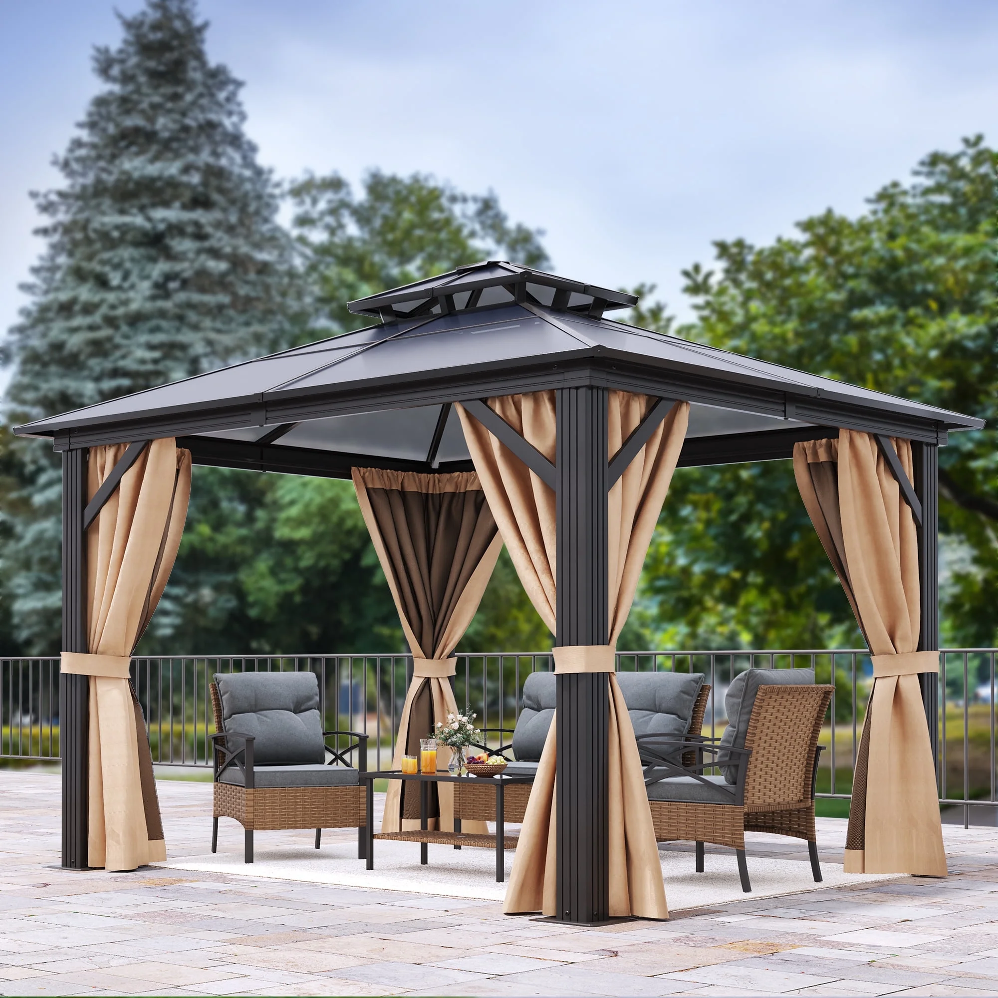 Dextrus 10x10ft Hardtop Gazebo, Double Roof Polycarbonate Gazebo Outdoor with Netting and Shaded Curtains for Patio, Garden, Lawn, Party