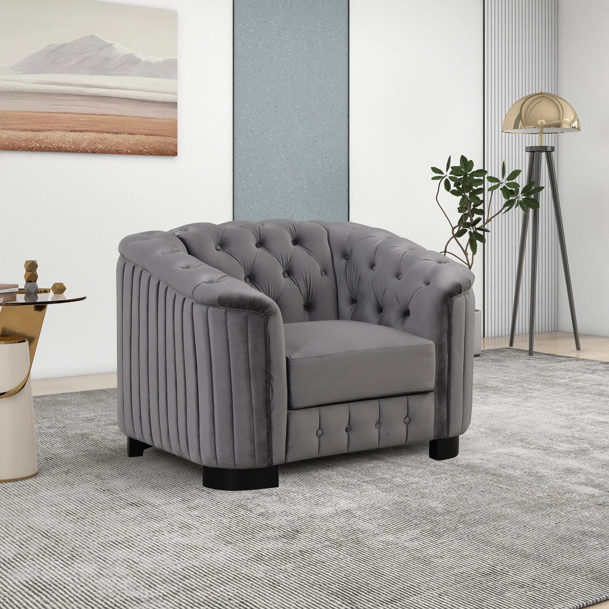 42 inch Single Sofa, 1-Person Velvet Couch with Button Tufted Back, Soft Tufted Seat with Thick Removable Seat Cushion