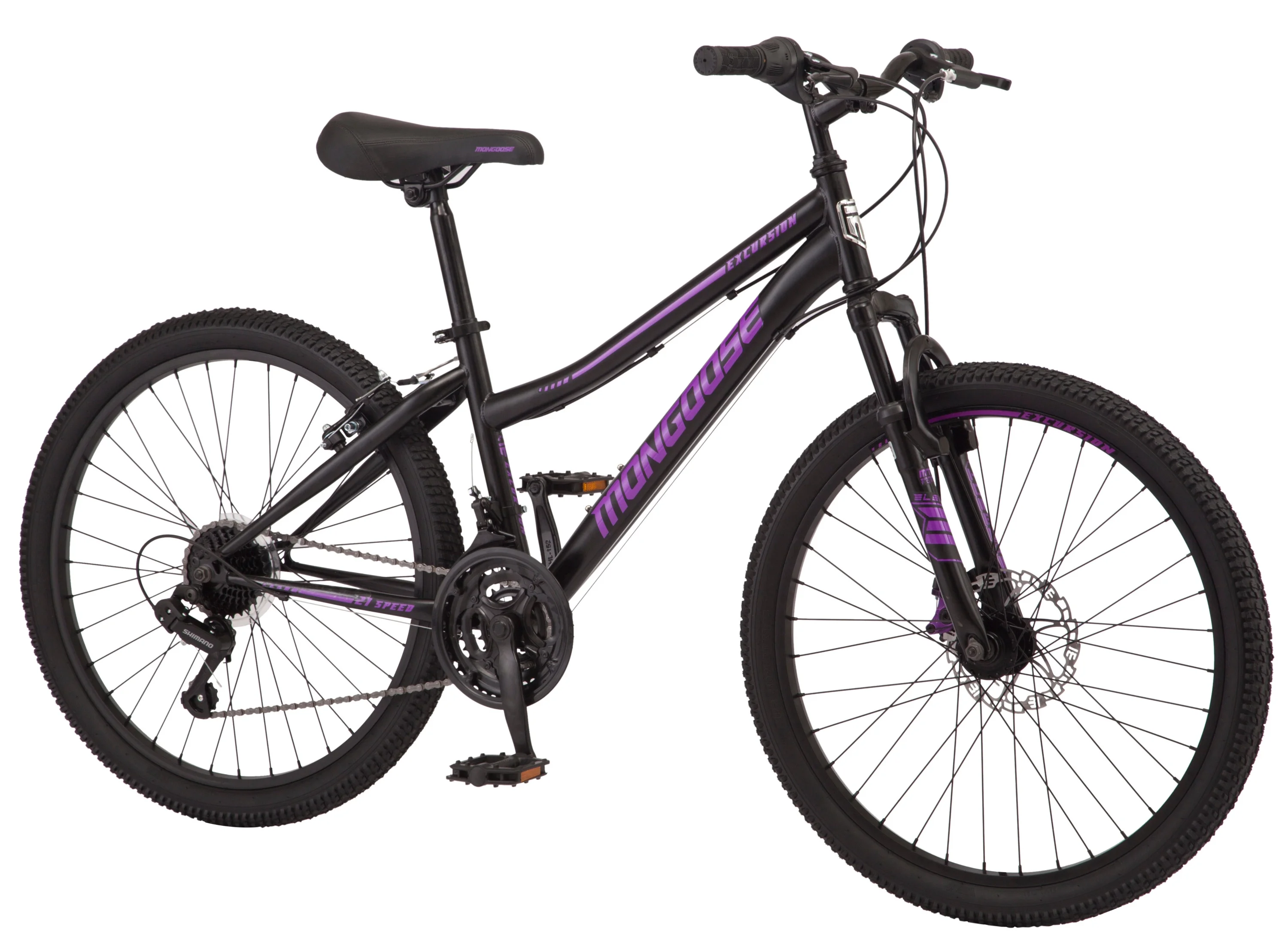 Mongoose Excursion mountain bike, 24-inch wheel, 21 speeds, girls frame, black / purple - Curated Treasures Market