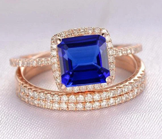 3 Carat 6mm Princess Cut Blue Sapphire And Moissanite Diamond Halo Trio Wedding Ring Bridal Set in 10k Rose Gold