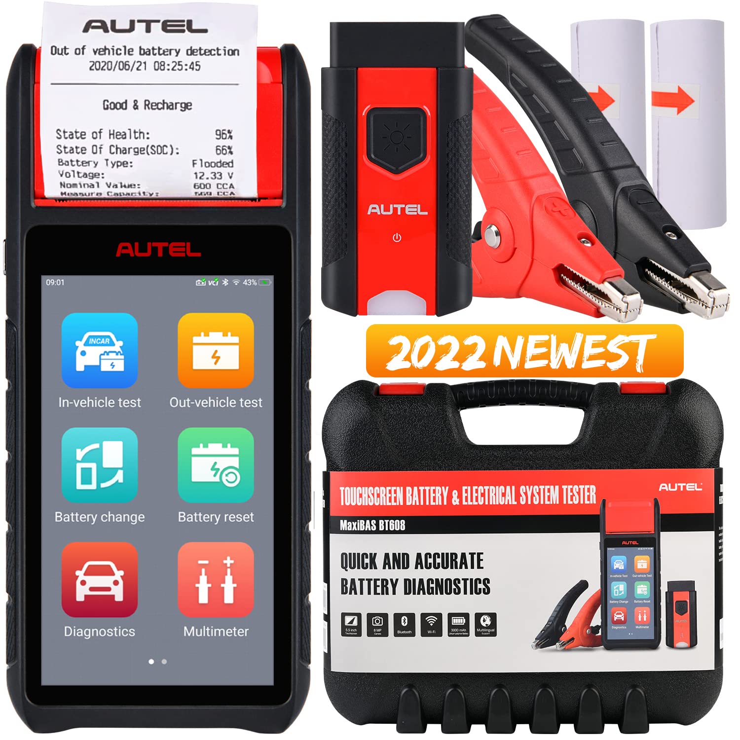 Autel Battery Tester MaxiBAS BT608 (E), 2022 Updated from BT508/ BT506, Autel OBD2 All System Diagnostic Scan Tool, Cold Cranking Analyser