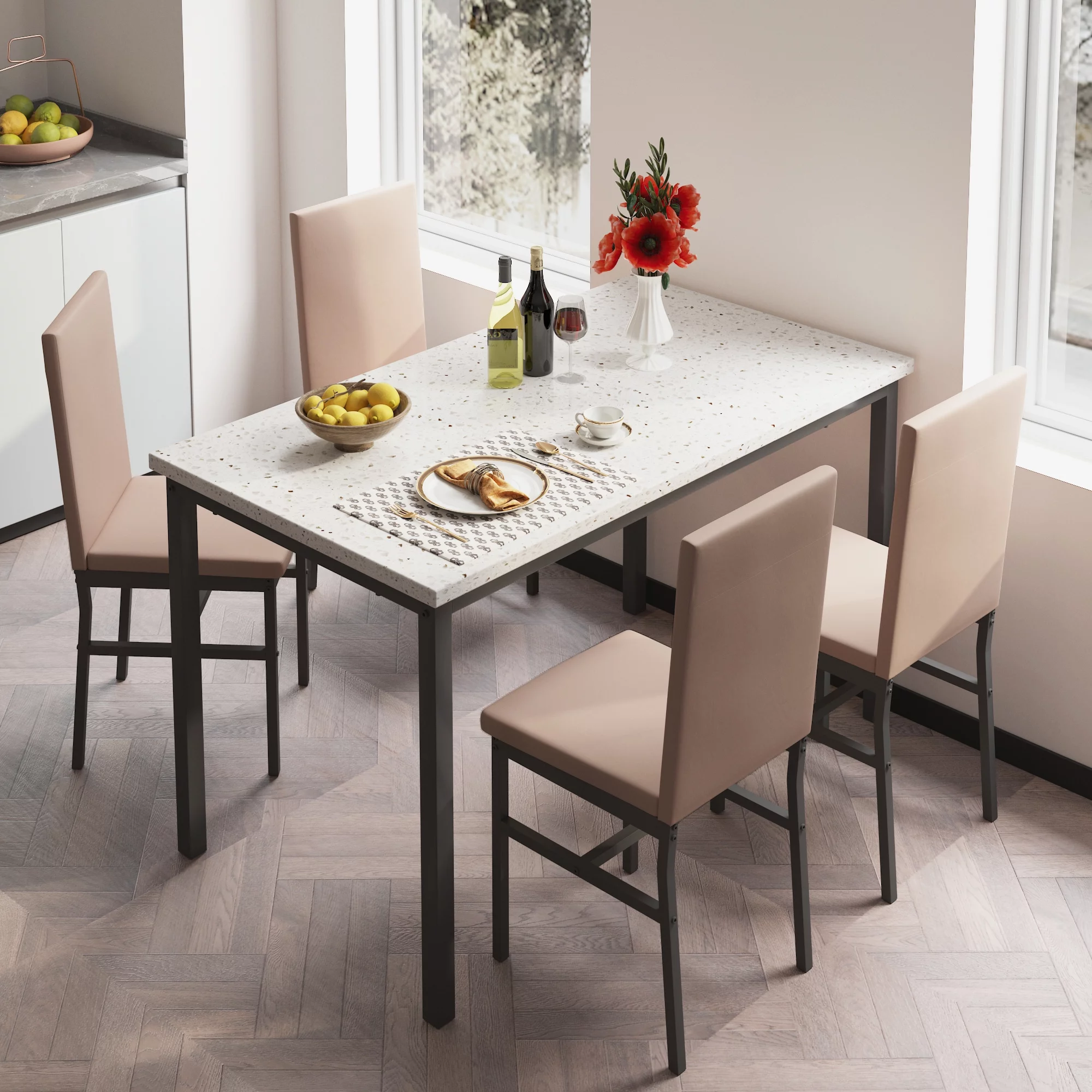5 Piece Kitchen Dining Table Set, Marble Top Dining Set for 4 with Faux Leather Chair, Elegant Dining Room Set, Space Saving Table and Chairs