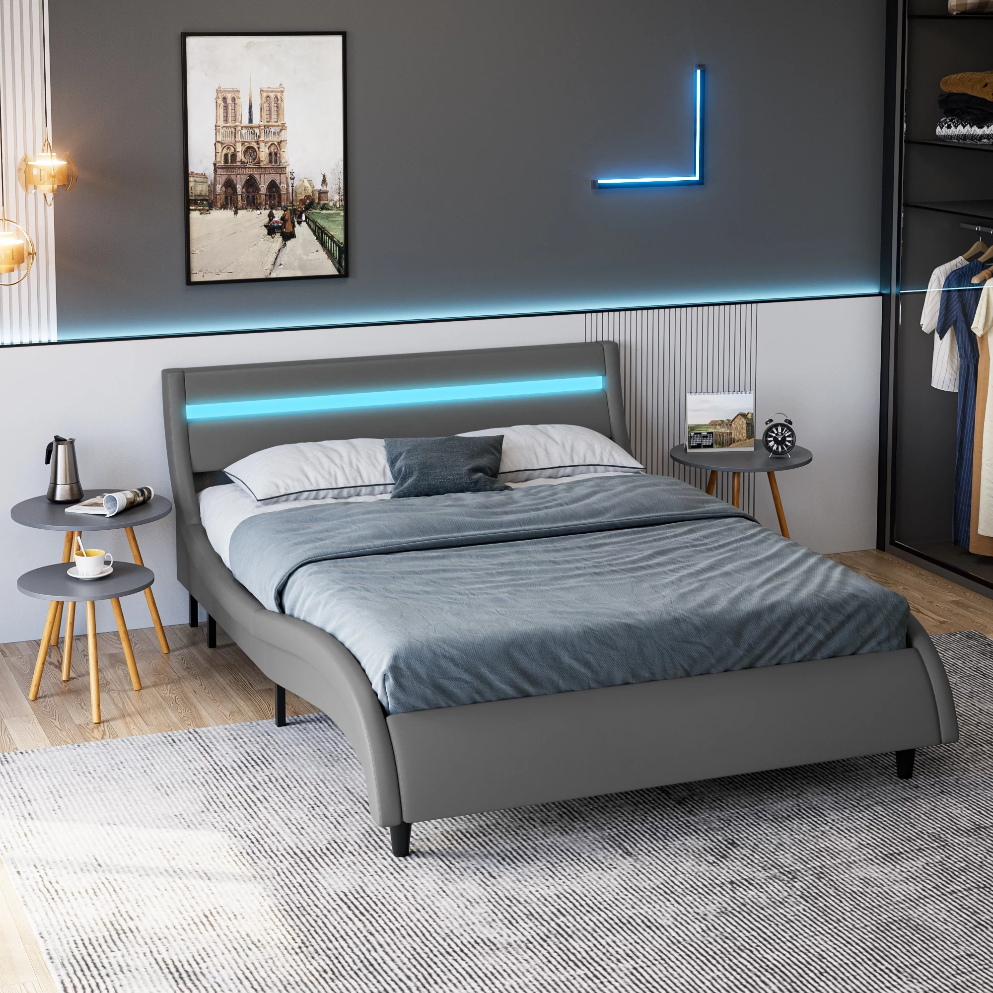 Homfa Queen Size Led Bed Frame, 16-Color Led Lights Platform Bed with Adjustable Upholstered Headboard, Gray