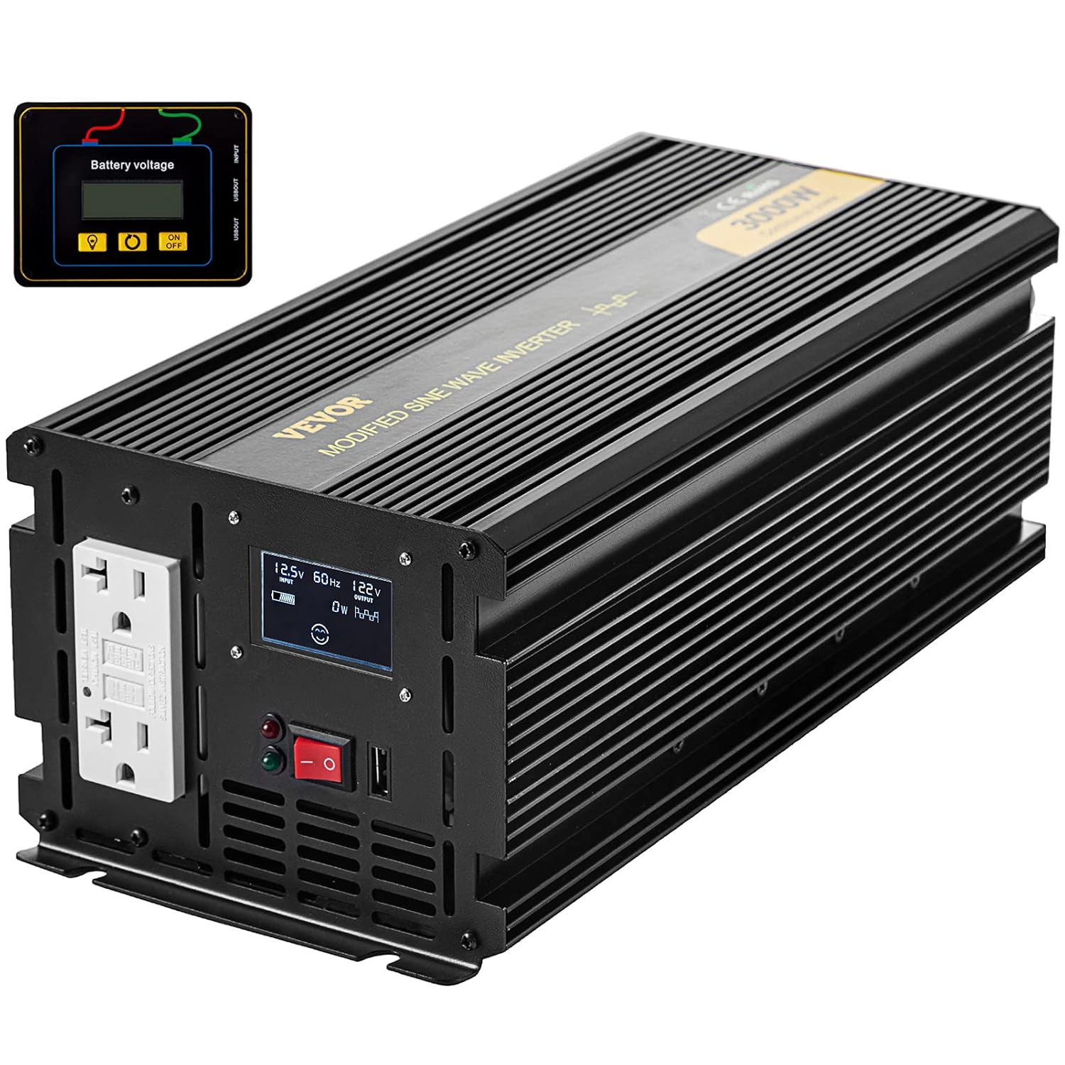 VEVOR Power Inverter, 3000W Modified Sine Wave Inverter, DC 12V to AC 120V Car Converter, with LCD Display, Remote Controller, LED Indicator