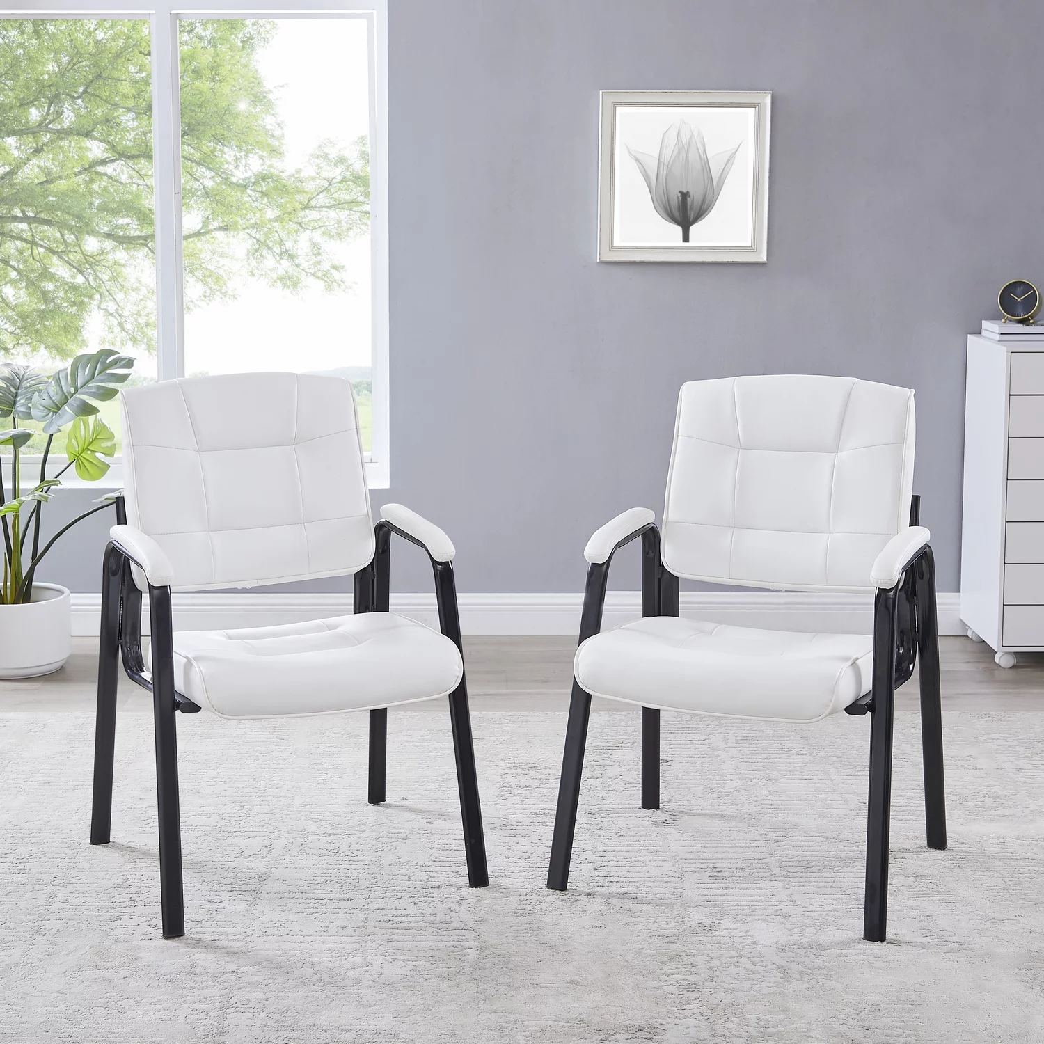 Mindy Heavy Duty Leather Executive Waiting Room Chairs, Lobby Reception Chairs with Padded Arm Rest, Side Chair, Conference Room- White