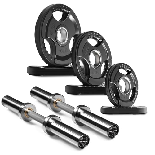 RITFIT 16”/20” Olympic Dumbbell Handles Pair of 500lbs Capacity Loadable Dumbbell Bars with Collars for 2” Olympic Weight Plates Adjustment Perfect