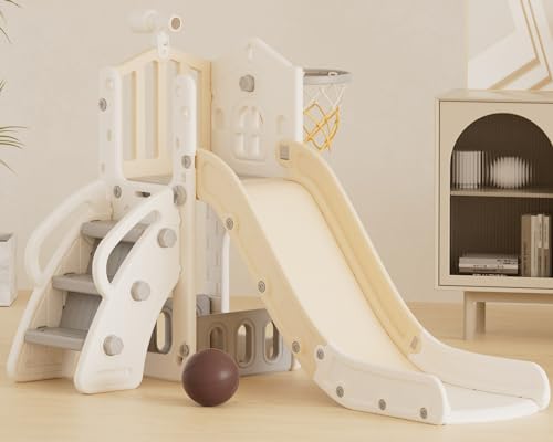 XJD 5 in 1 Toddler Slide, Kids Slide for Toddlers Age 1-3, Outdoor Indoor Playset for Toddlers with Basketball Hoop and Ball