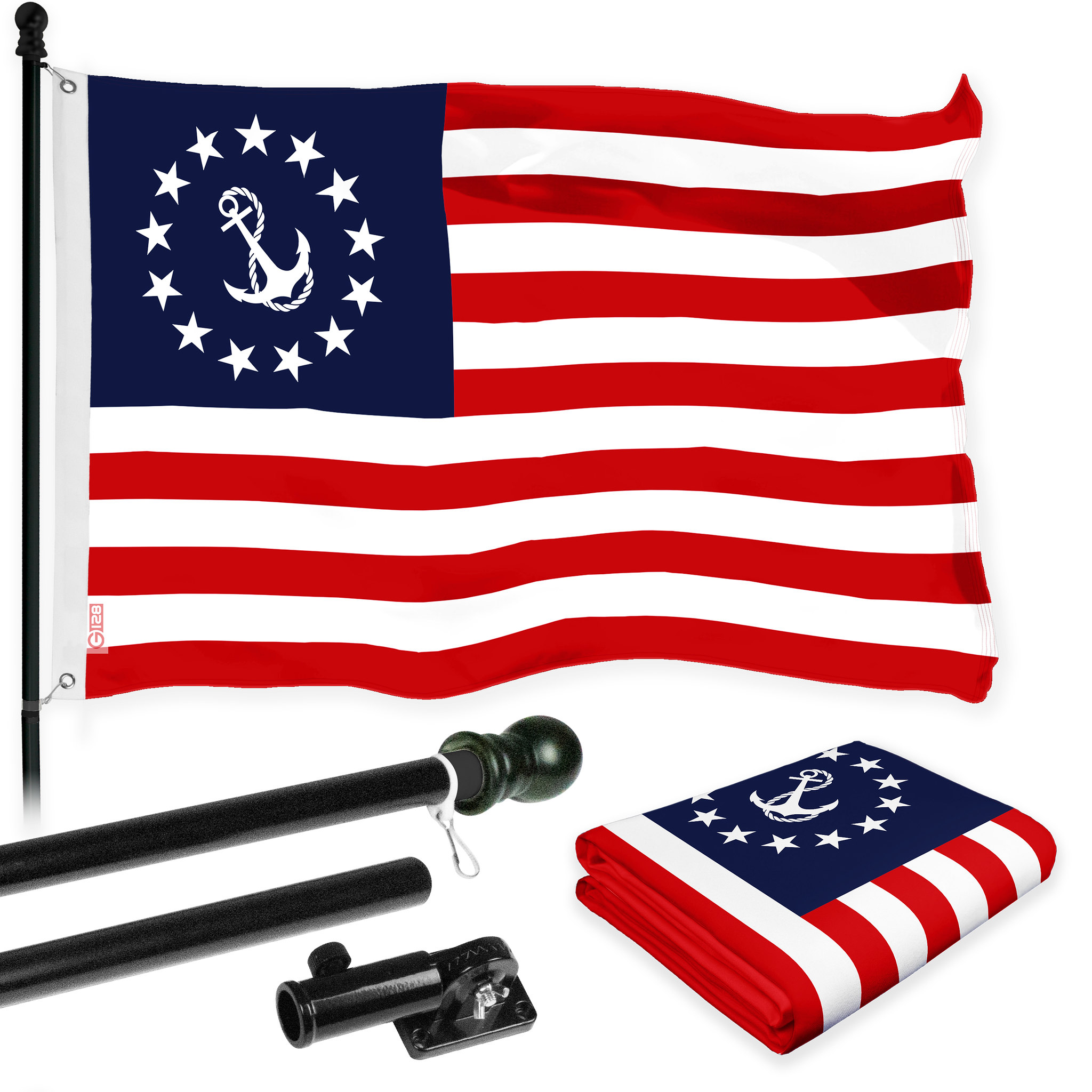 G128 Combo Pack: 6 Ft Tangle Free Aluminum Spinning Flagpole (Black) & American USA Yacht Ensign Flag 3x5 Ft