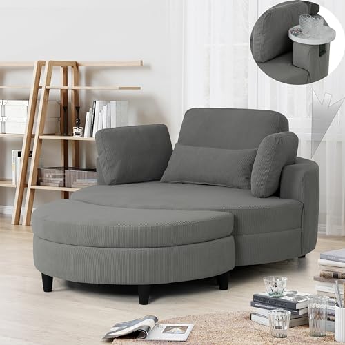 51.2" W Oversized Accent Barrel Chair Comfy Corduroy Upholstery Round Leisure Armchair w/Adjustable Headrest,4 Pillows
