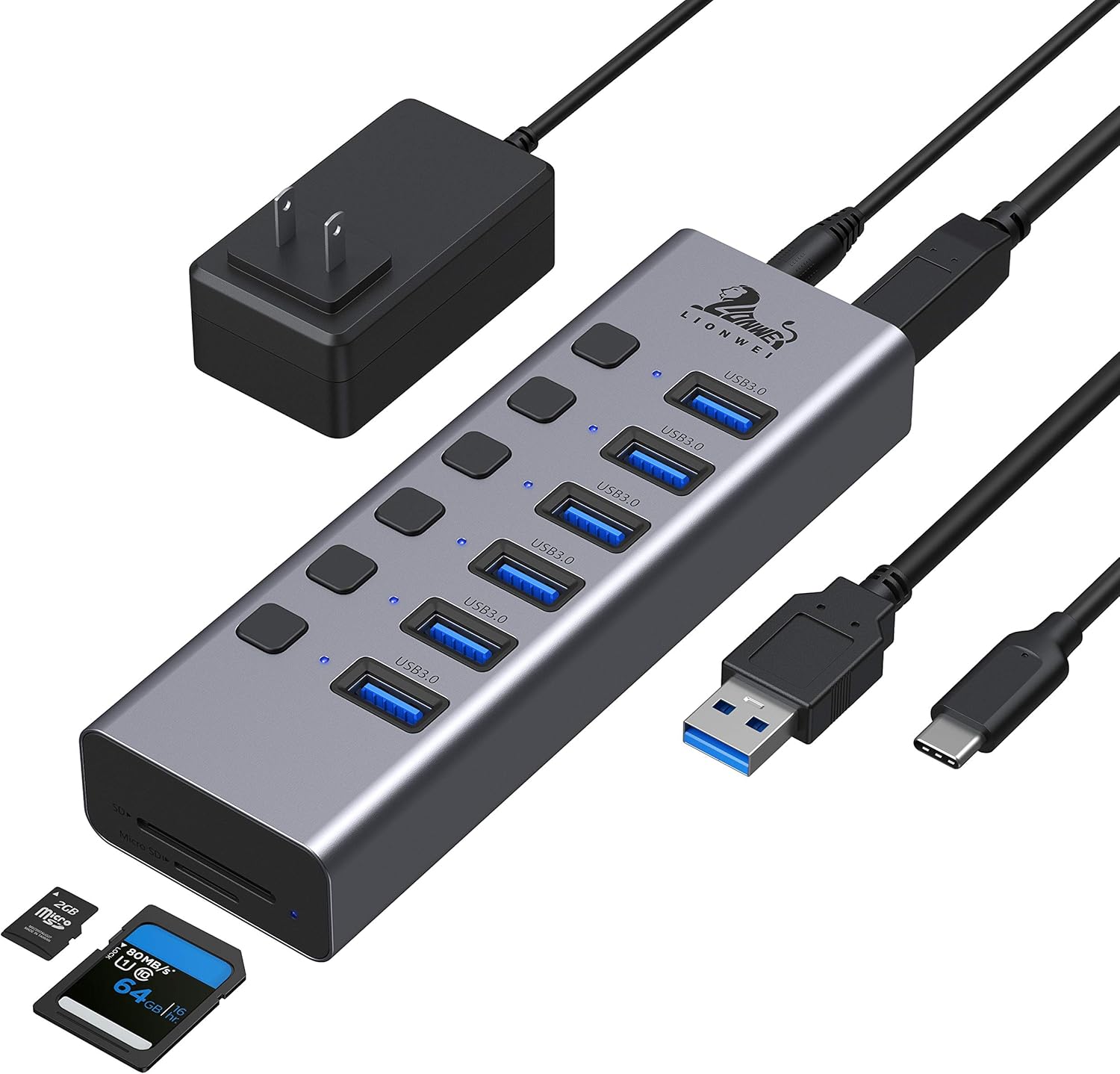 Universal 8-Port Powered USB 3.0/USB C Hub, Aluminum USB Splitter with 6 USB 3.0 Data Ports, SD/TF Card Readers, On/Off Power Switches, AC Adapter