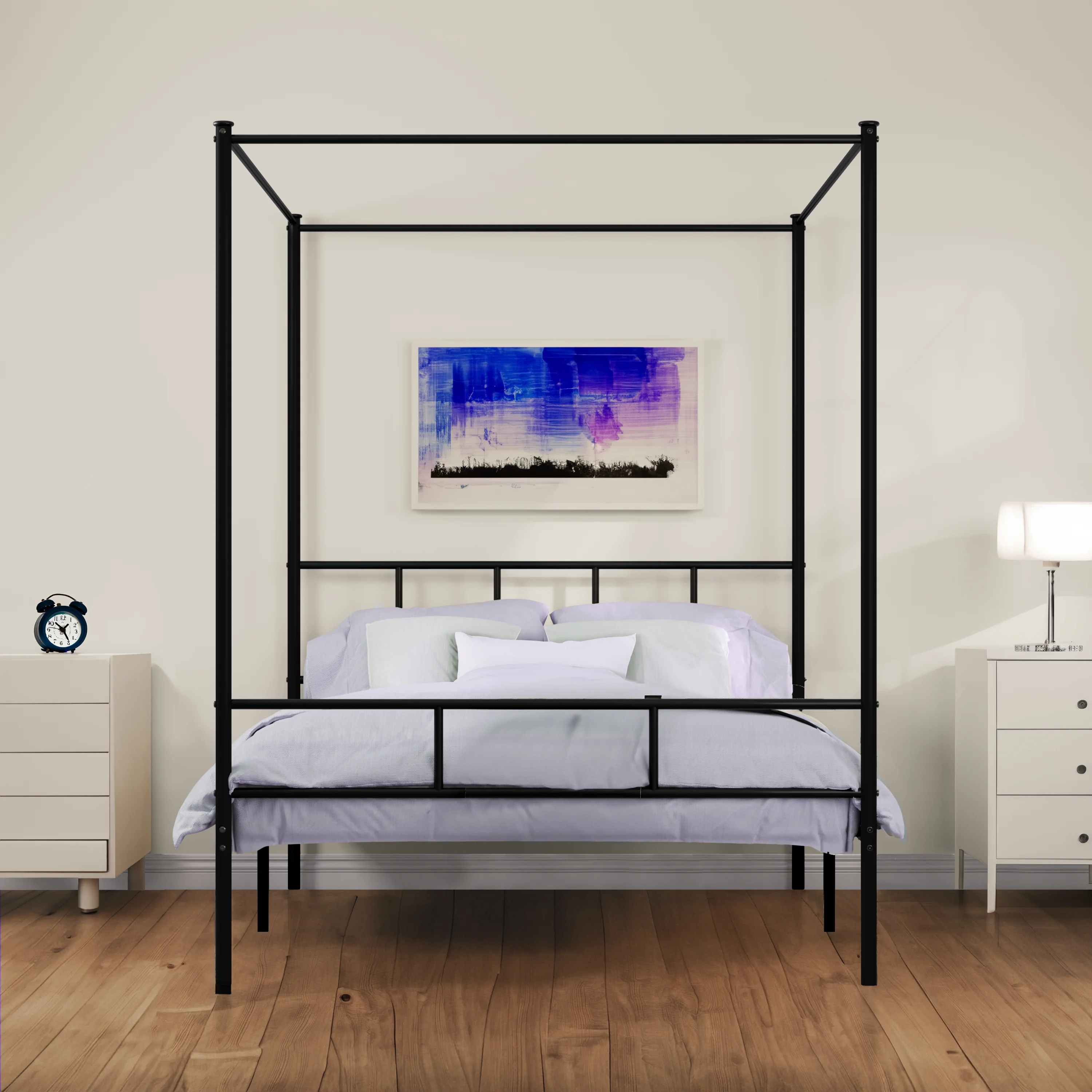 Dextrus Queen Size Bed Frame, Metal Canopy Four Poster Bed Frame with Built-in Headboard Strong Metal Slat Mattress Support, No Box Spring Needed