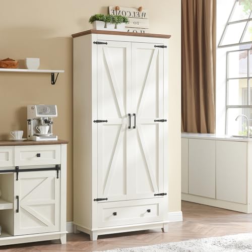 AMERLIFE 72" Tall Kitchen Pantry Storage Cabinet, Farmhouse Food Pantry Cabinet for Kitchen, Dining Room, Living Room, Adjustable Shelves and Drawer