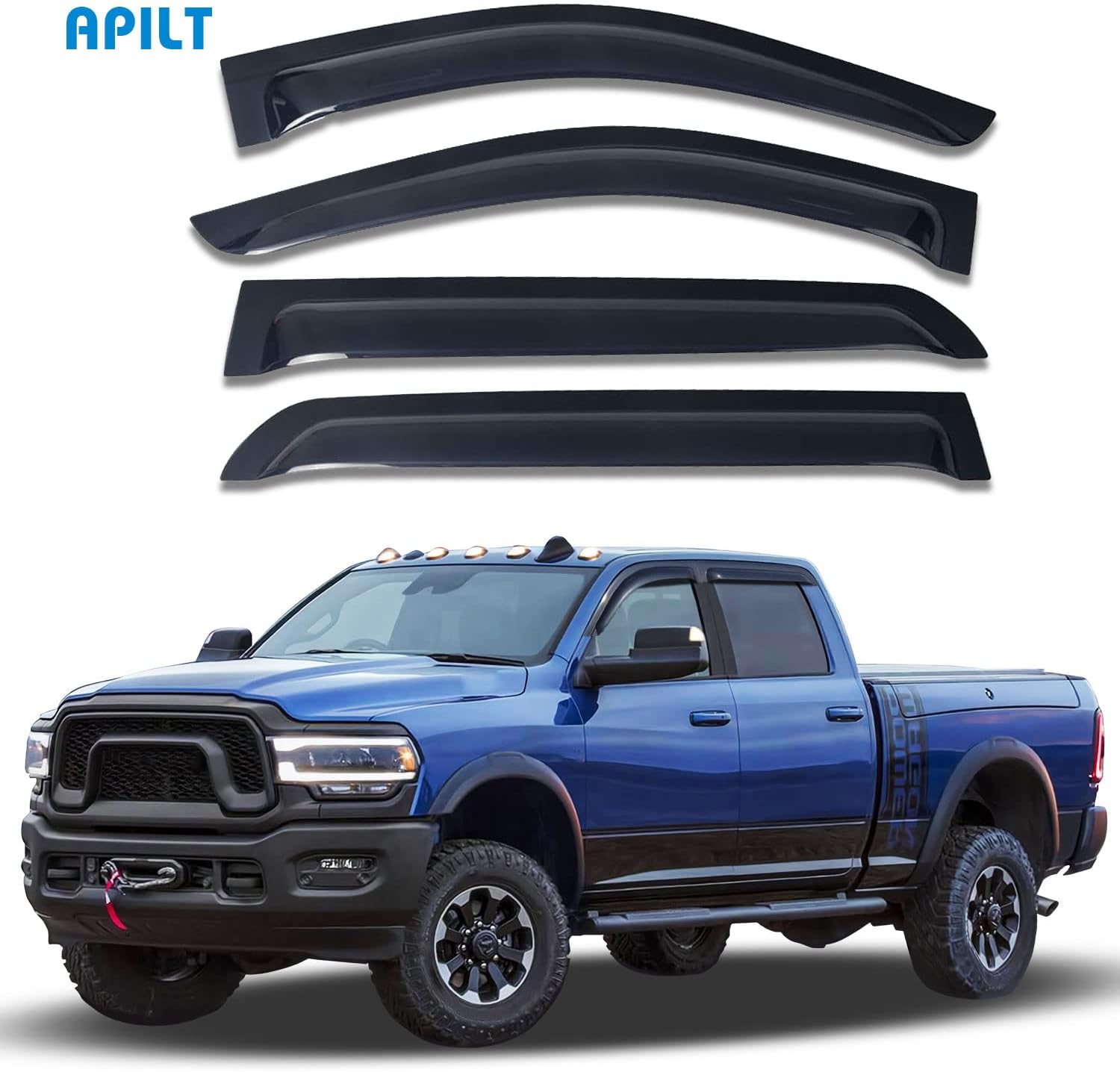 APILT Large Vent Visors Side Window Deflectors Tape-On Rain Guards Dark Smoke 4-Piece Set for 2019-2022 Dodge RAM 1500,2500 & 3500 Crew & Mega Cab