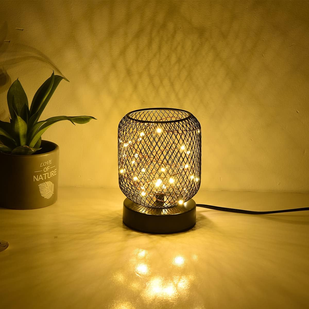 WGJEKI Cage Desk Lamp Starry Sky Led Lights String Iron Mesh Retro Lamp Used in Bedroom Living Room Kid's Room Birthday Party Wedding AC with Black