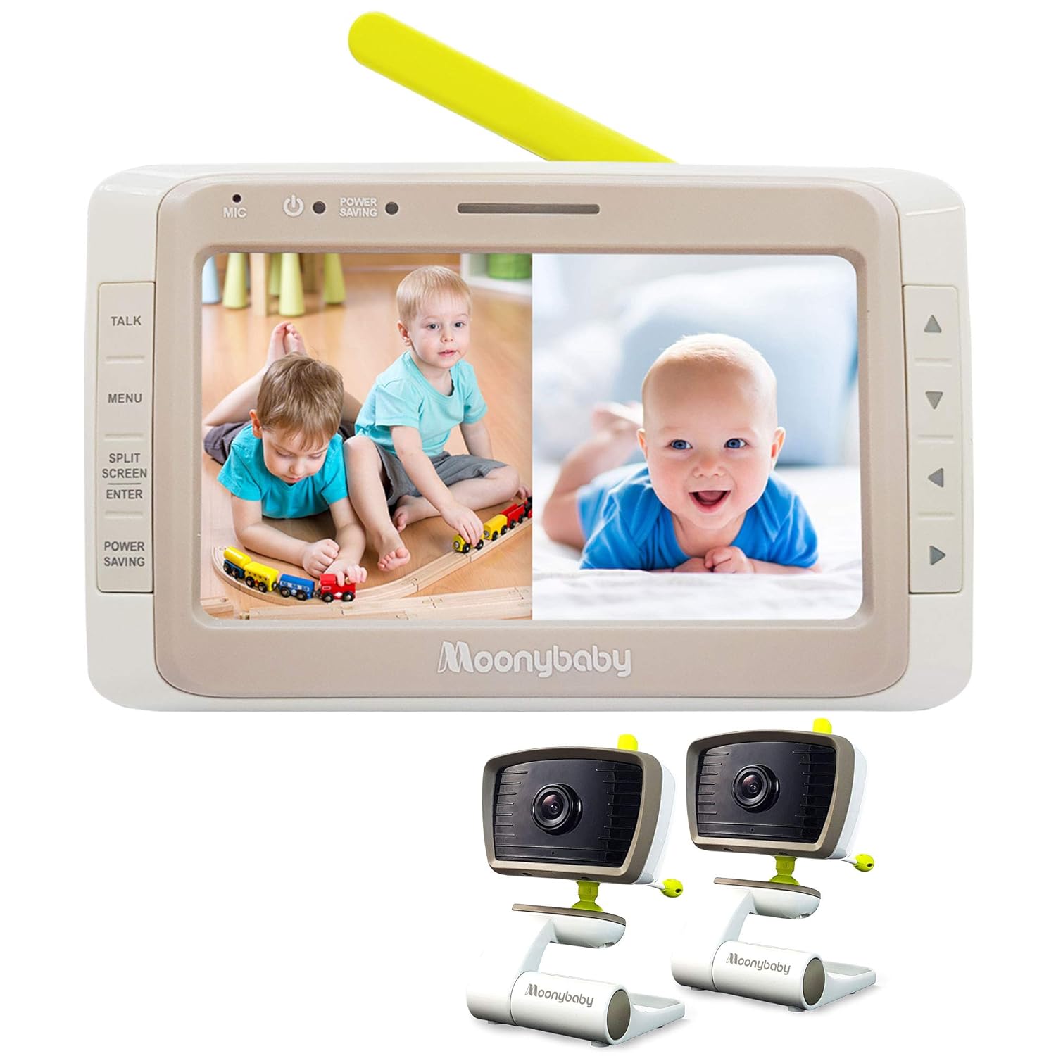 Moonybaby Split 50 Baby Monitor with 2 Cameras and Audio, No WiFi, Large Screen with Wide View, Screen Split, Auto Night Vision and Zoom