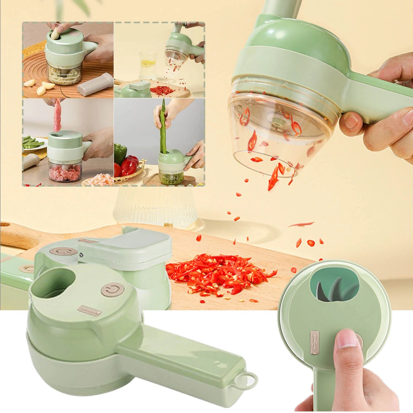 Royallove Kitchen Goods Electric Vegetable Cutter Set - 4 In 1 Portable, Rechargeable, Wireless Food Processor & Chopper Machine For Pepper, Garlic