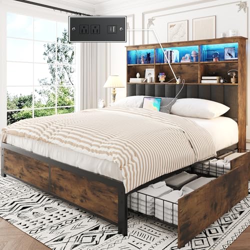 Lifezone Queen Bed Frame with Headboard, Queen Bed Frame with High Storage Bookcase Headboard,4 Storage Drawers & Charging Station & LED