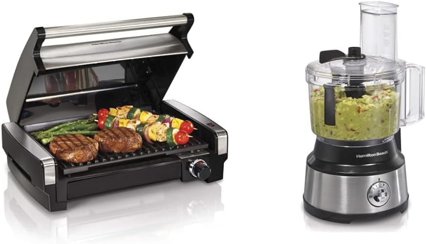 Hamilton Beach Electric Indoor Searing Grill, 118 sq. in. Surface Serves 6, Stainless Steel & Food Processor & Vegetable Chopper, 10 Cups