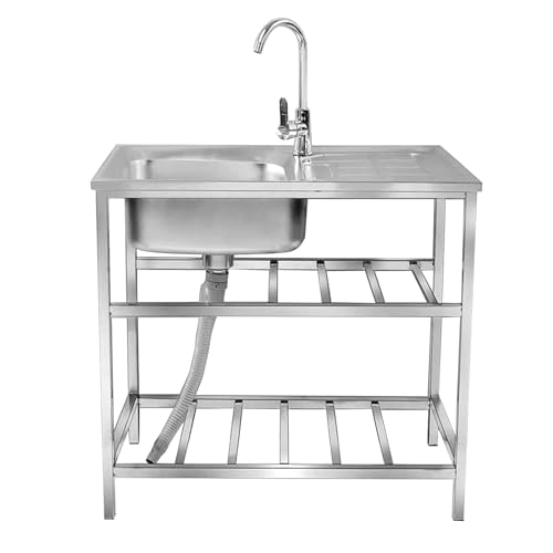 Outdoor Utility Sink,Free Standing Stainless Steel Laundry Tub, Single Bowl Portable Washing Hand Basin Station