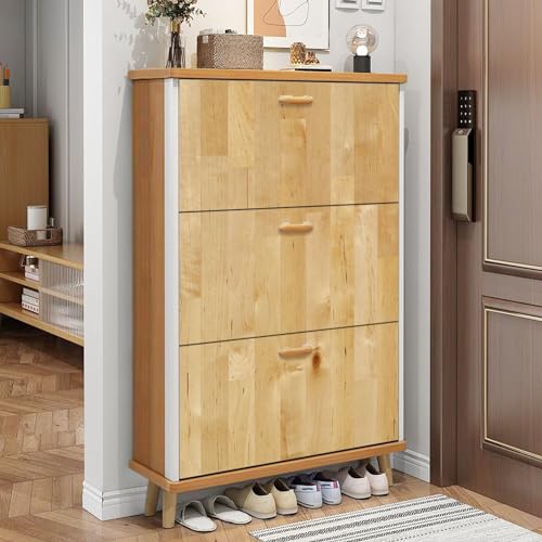 3 Drawer Shoe Cabinet, Artistic Shoe Cabinet, Maple Wood Butcher Block Wood Shoe Rack Organizer for Entryway Slim (31.5”W x 9.45”D 46”H)